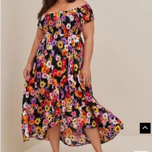 Torrid Black Floral Maxi Challis Off Shoulder Dress Size 0X - Picture 1 of 10